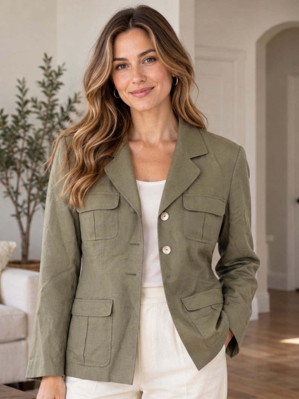 Halston Olive Green 100% Silk Safari Utility Blazer Size 10